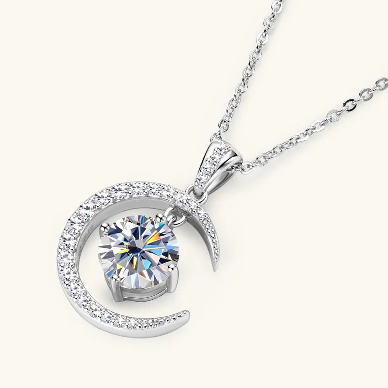 Women's Pure Silver Crescent Shaped Moissanite Pendant Necklace