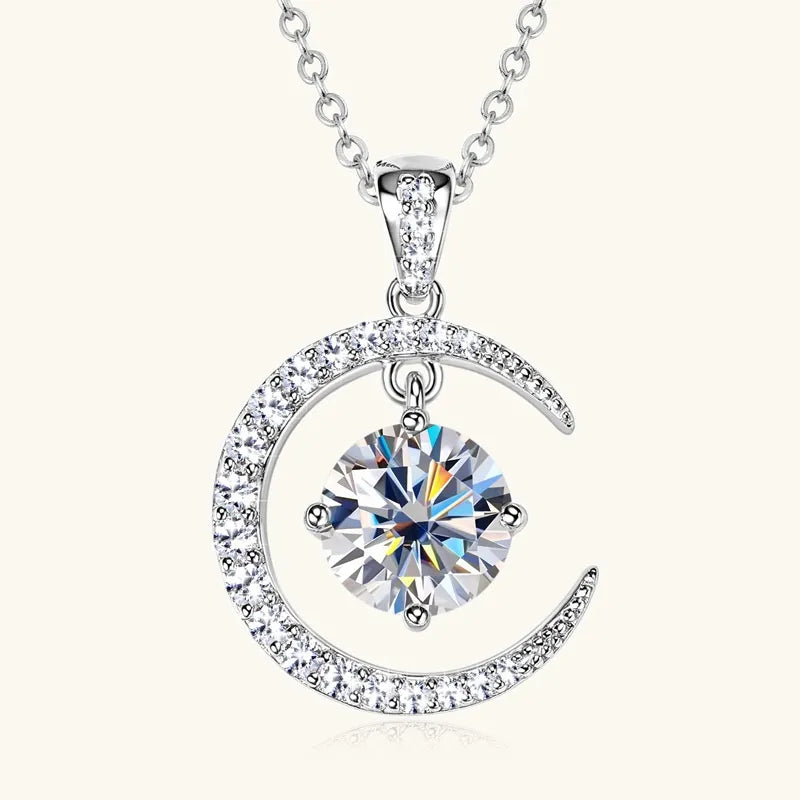 Women's Pure Silver Crescent Shaped Moissanite Pendant Necklace