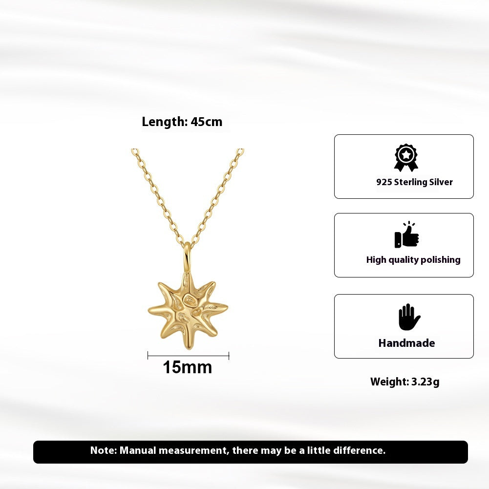 S925 Sterling Silver Hammered Star Pendant Necklace 14K Gold Plated Chain