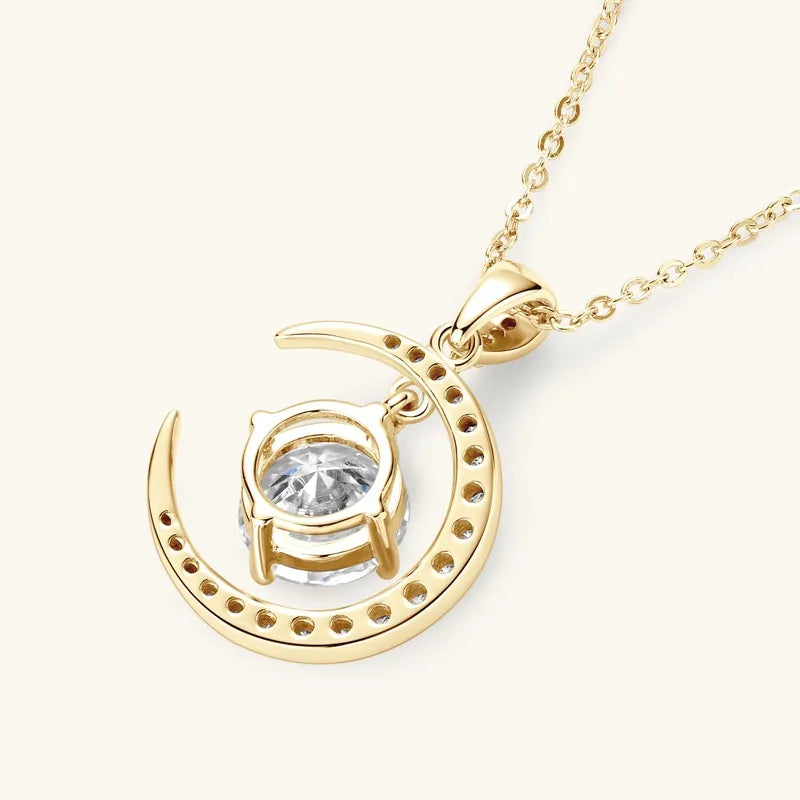 Women's Pure Silver Crescent Shaped Moissanite Pendant Necklace
