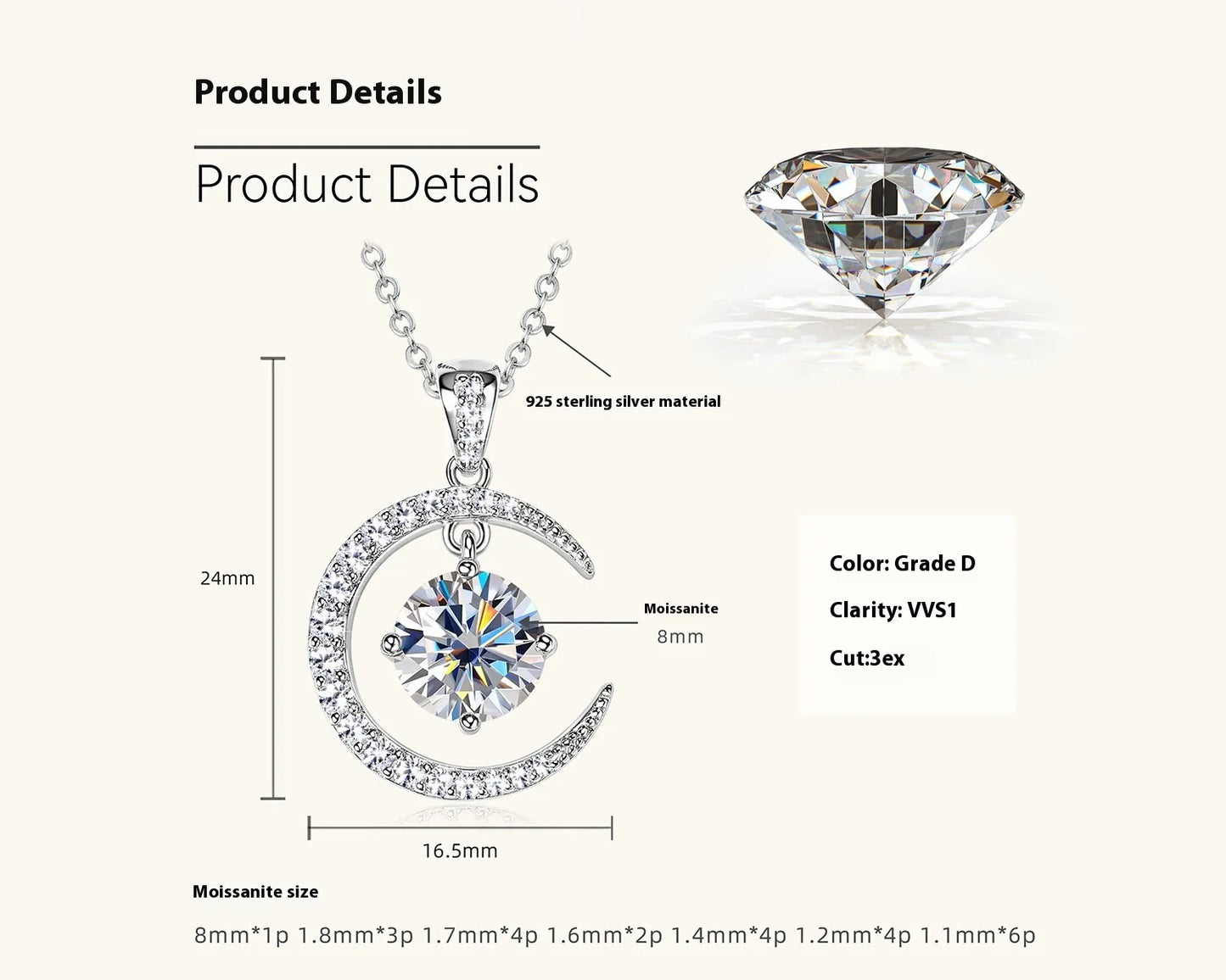 Women's Pure Silver Crescent Shaped Moissanite Pendant Necklace