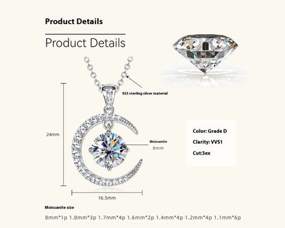 Women's Pure Silver Crescent Shaped Moissanite Pendant Necklace