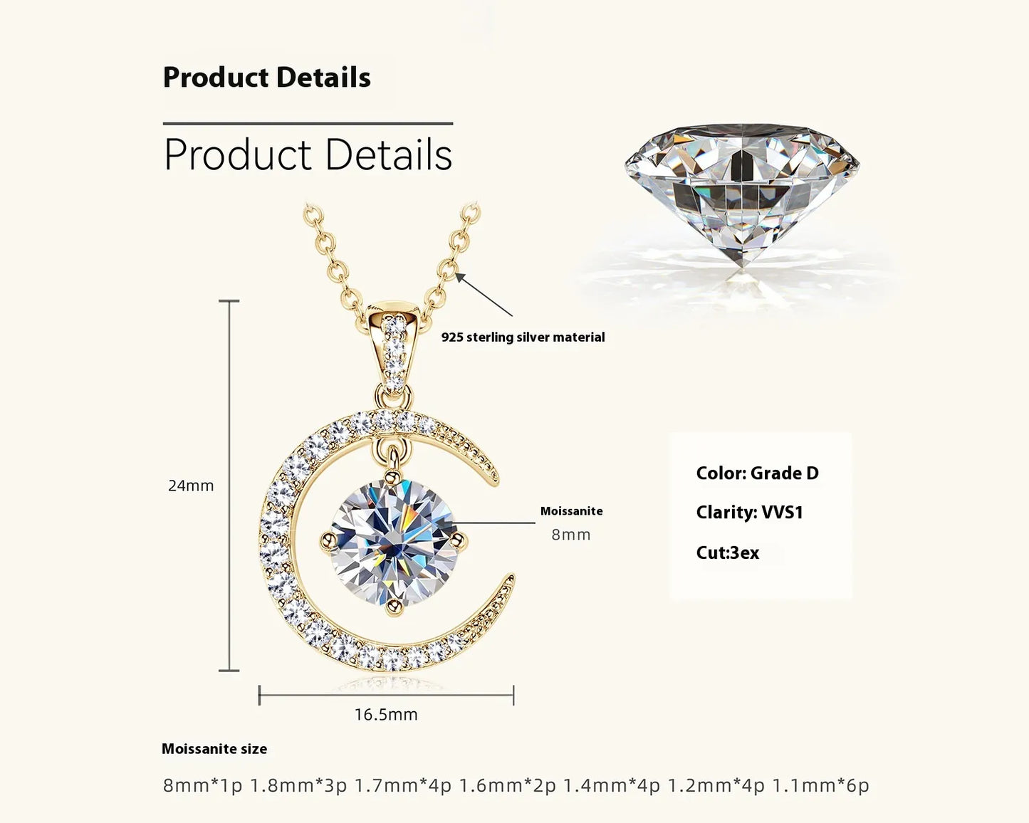 Women's Pure Silver Crescent Shaped Moissanite Pendant Necklace