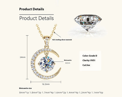 Women's Pure Silver Crescent Shaped Moissanite Pendant Necklace